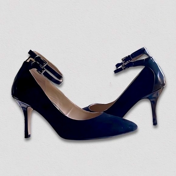 Audrey Brooke Stiletto Heels Suede Patent Trim Pointed Toe Double Strap Black - Picture 7 of 13